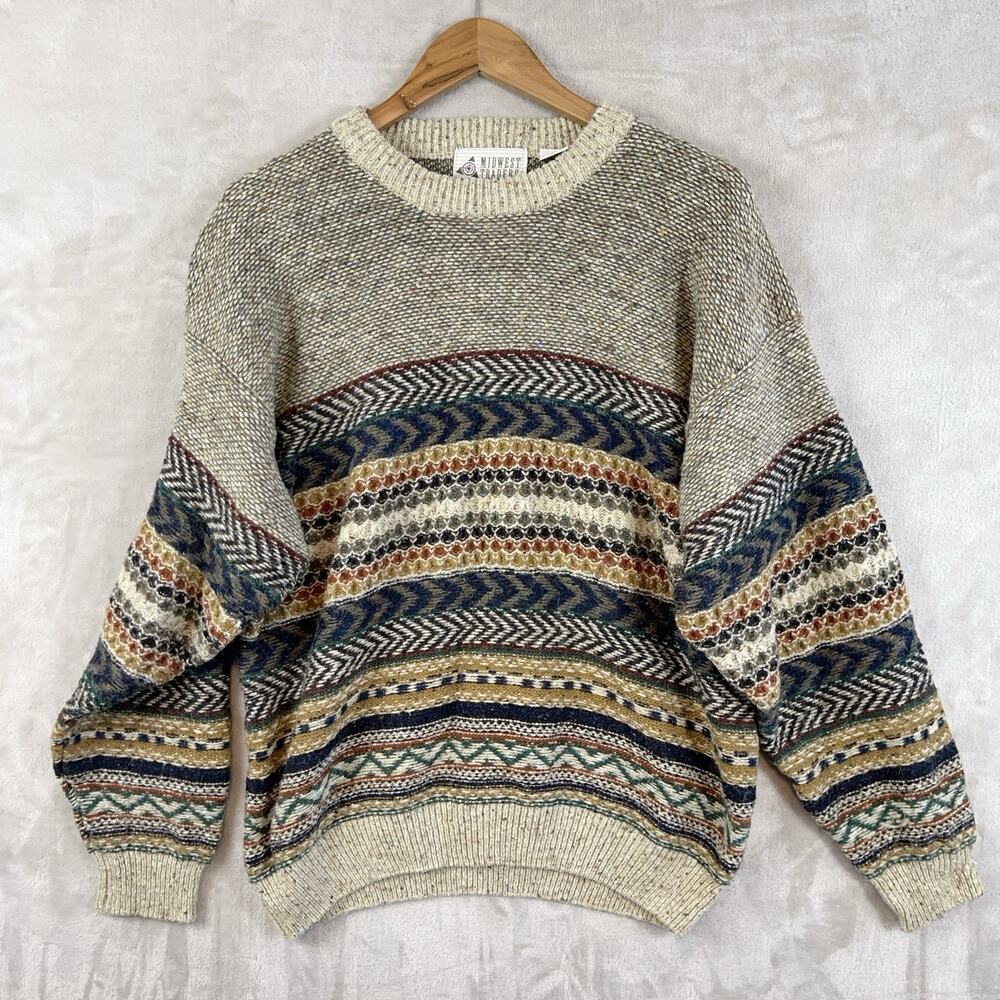 Vintage 90s Midwest Traders Geometric Sweater Large Wool Blend Oatmeal Gorpcore